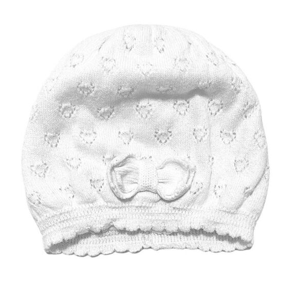 WHITE Knit Heart Pattern Hat With Bow - Picture 2 of 3